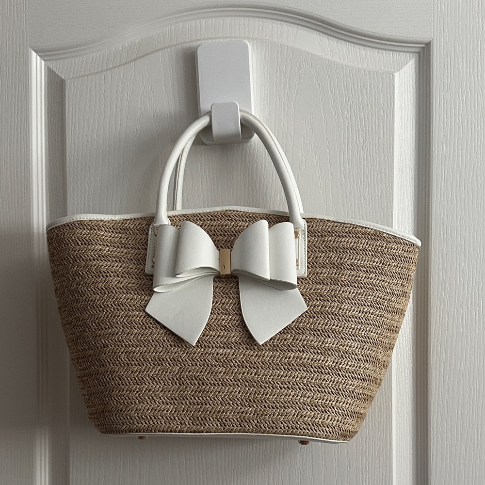 Elegant White and Tan Bow Tote Bag